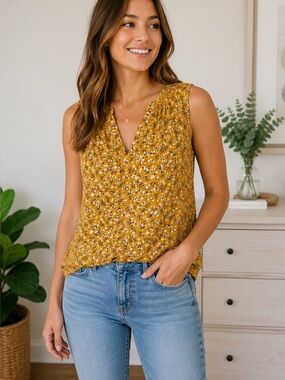 Old Navy Floral Sleeveless Blouse – Cottagecore Boho Mustard Yellow Top | Large